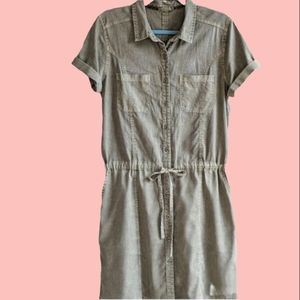 Soft Chambray Shirt Dress Olive Green with Pockets